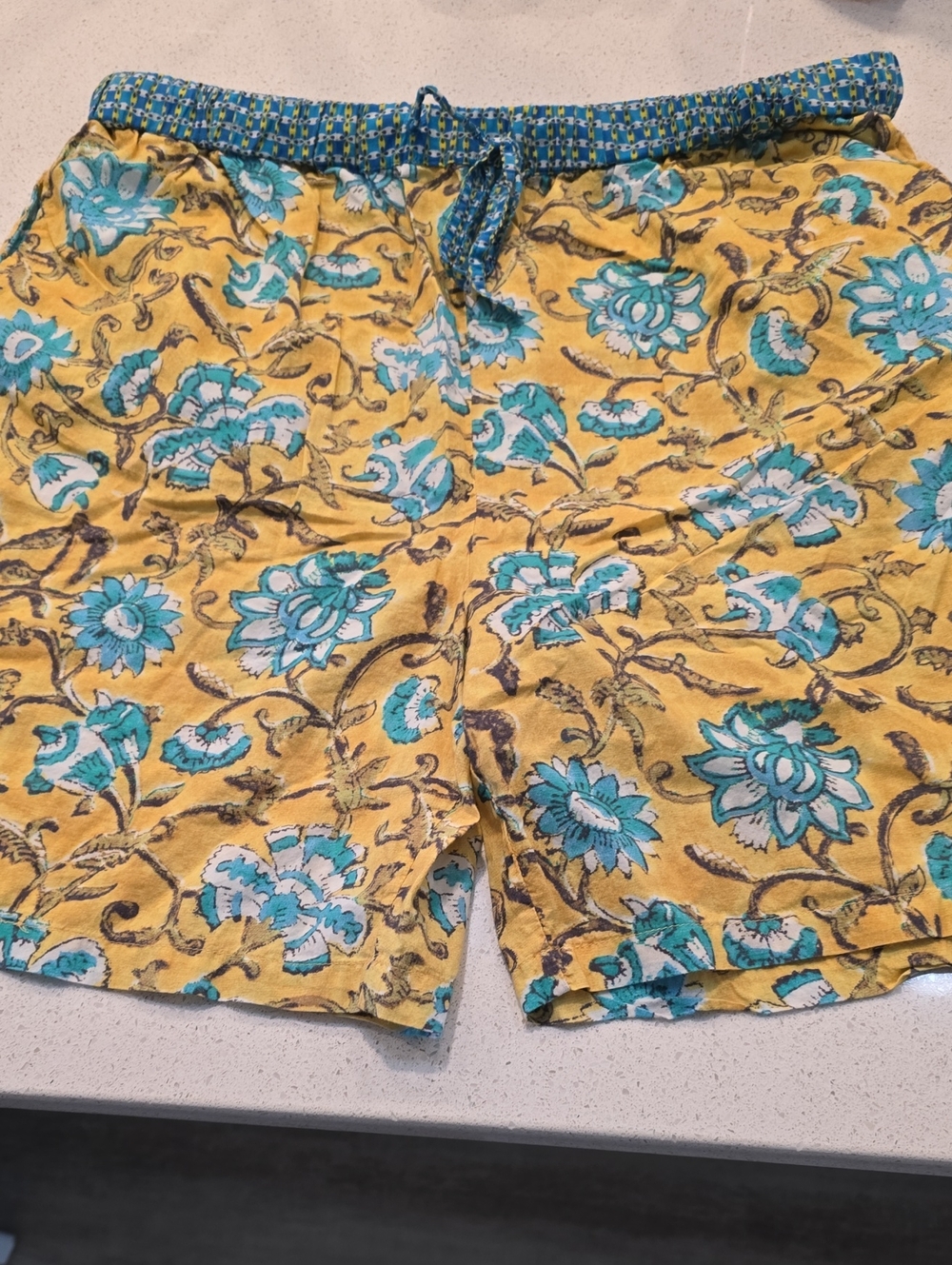Sundance Yellow Floral Drawstring Bermuda Shorts with Teal Accents